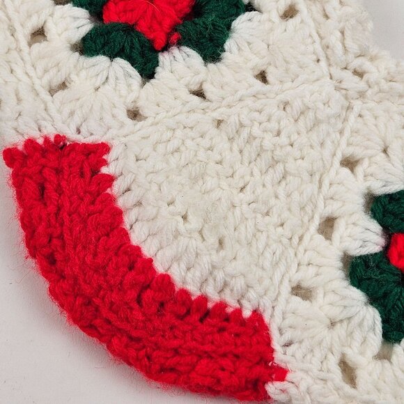 Vintage Granny Square Stocking Handmade Crochet Christmas Holiday Holly Decor - Picture 6 of 6